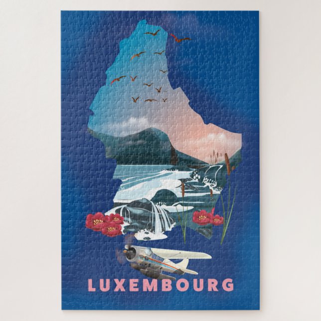 Puzzle Mapa de Luxemburgo ilustra afiche de viajes. (Vertical)