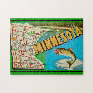 Puzzle Mapa de Minnesota Pescado Vintage