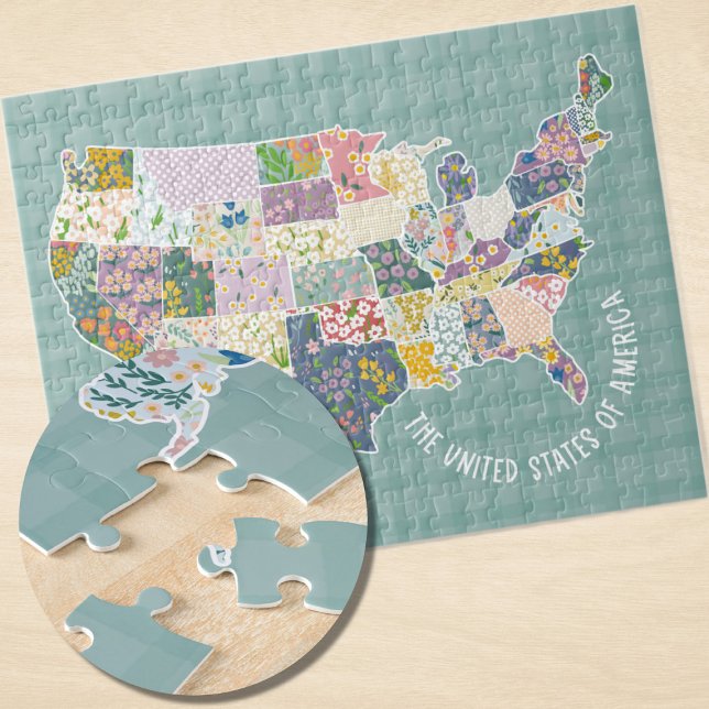 Puzzle Mapa de patrones florales de Estados Unidos (USA MAP Illustrated Floral Pattern Puzzle)