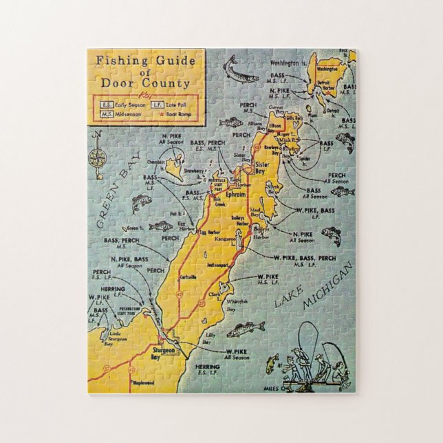 Puzzle "Mapa de Pesca del Condado de Door 11x14 Rompecabe (Vertical)