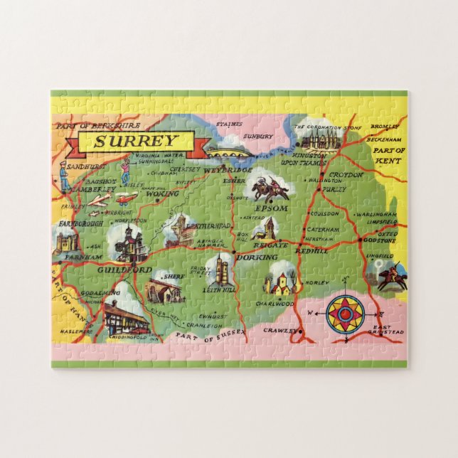 Puzzle Mapa de Surrey Inglaterra 11x14 (Horizontal)
