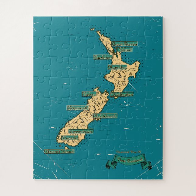 Puzzle Mapa de viaje ilustrado de Nueva Zelanda (Vertical)