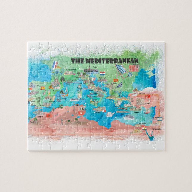 Puzzle Mapa de viajes de crucero Mediterráneo España Ital (Horizontal)