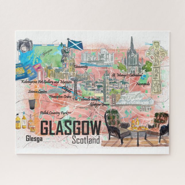 Puzzle Mapa de viajes de Glasgow Scotland  (Horizontal)