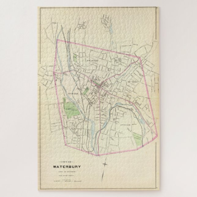 Puzzle Mapa de Vintage de Waterbury CT (1893) (Vertical)