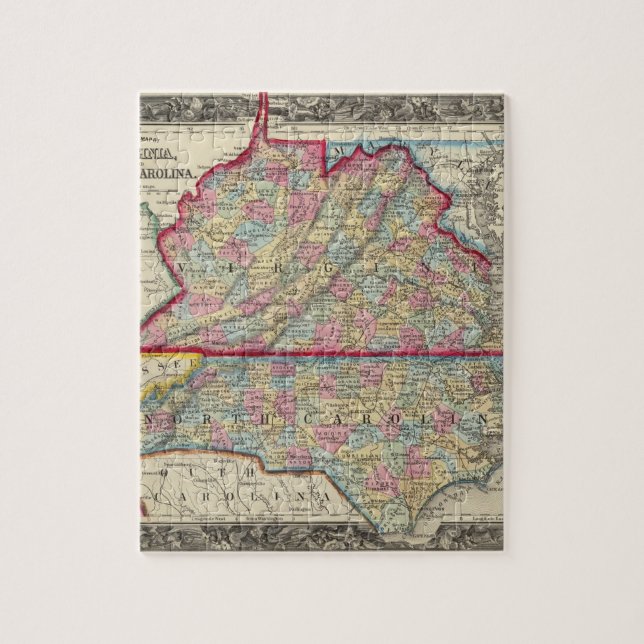 Puzzle Mapa del condado de Virginia y Carolina del Norte (Vertical)