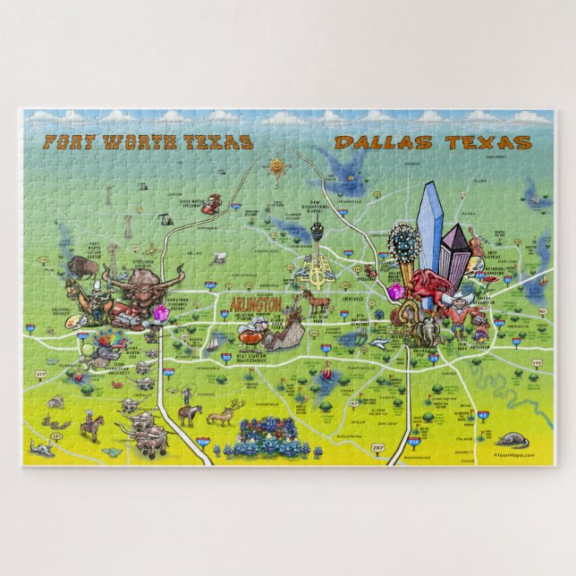 Puzzle Mapa del dibujo animado de Dallas Fort Worth (Horizontal)