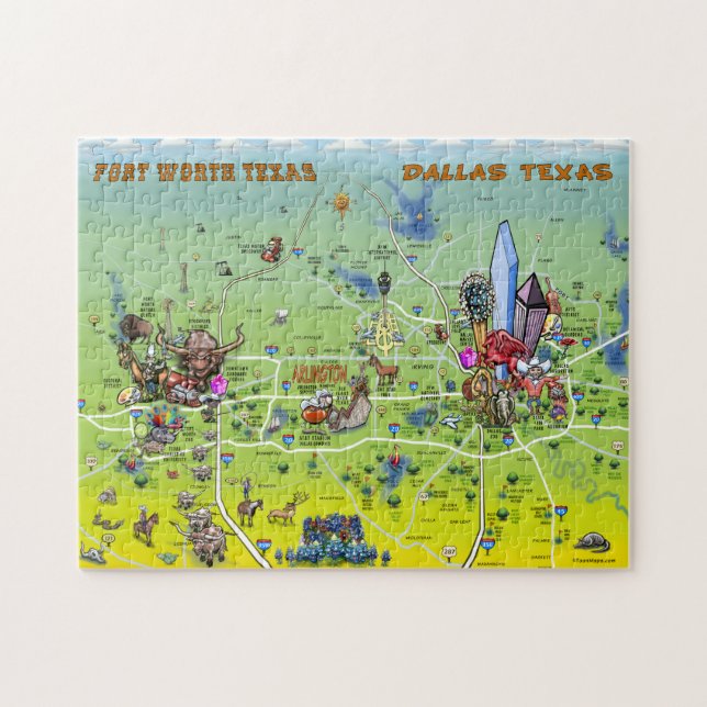Puzzle Mapa del dibujo animado de Dallas Fort Worth (Horizontal)