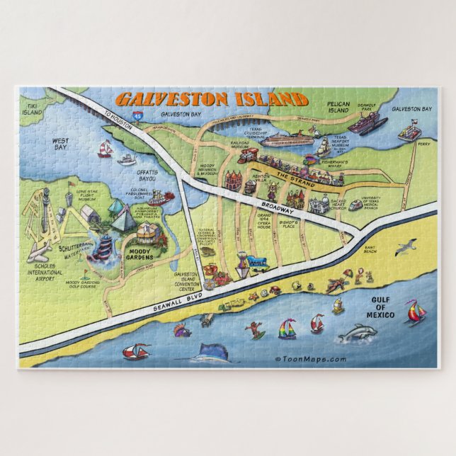 Puzzle Mapa del dibujo animado de Galveston Tejas (Horizontal)