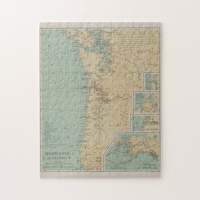 Puzzle Mapa del faro de Washington y Oregón vintage (1898 (Vertical)