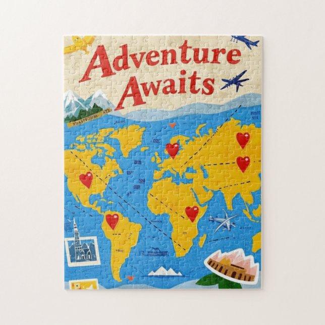Puzzle Mapa del mundo salpicado de pines cardíacos y punt (Vertical)