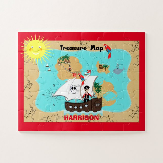 Puzzle Mapa del Tesoro de Barcos Piratas Cute Niños Perso (Horizontal)