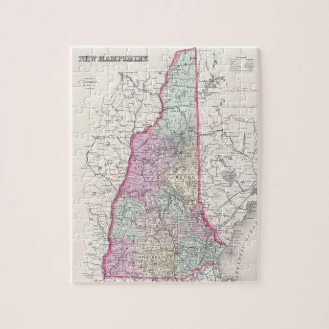 Puzzle Mapa del vintage de New Hampshire (1855) (Vertical)