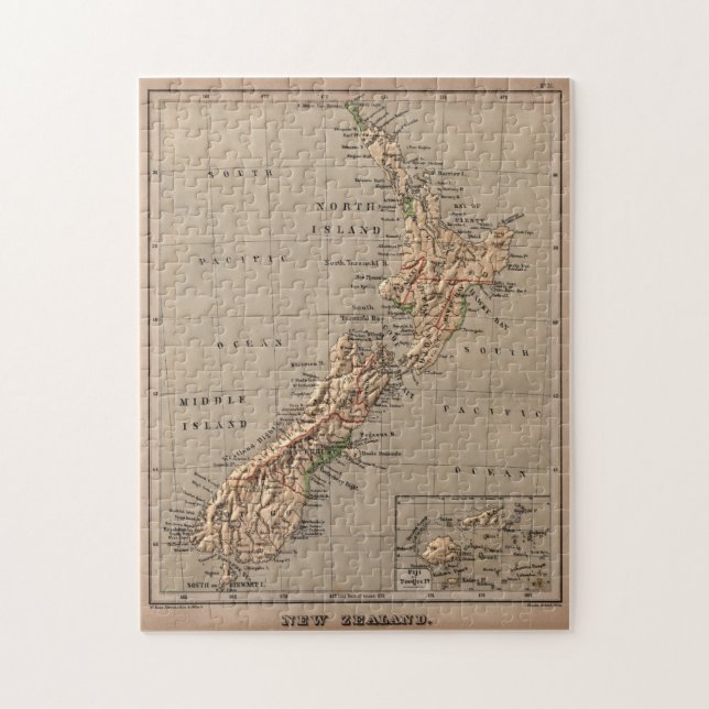 Puzzle Mapa Físico Vintage de Nueva Zelanda (1880) (Vertical)