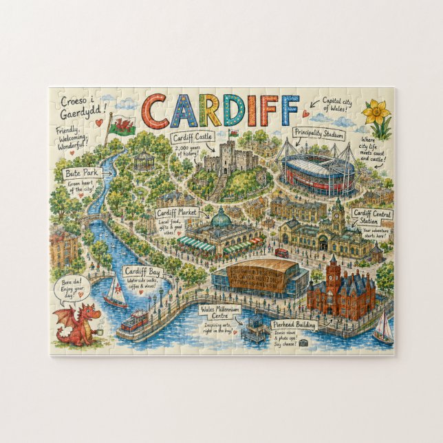 Puzzle Mapa Ilustrado Colorido de Cardiff (Horizontal)