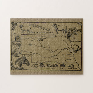 Puzzle Mapa ilustrativo vintage de Nebraska (1912) - Tan