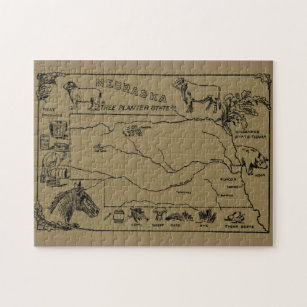 Puzzle Mapa ilustrativo vintage de Nebraska (1912) - Tan