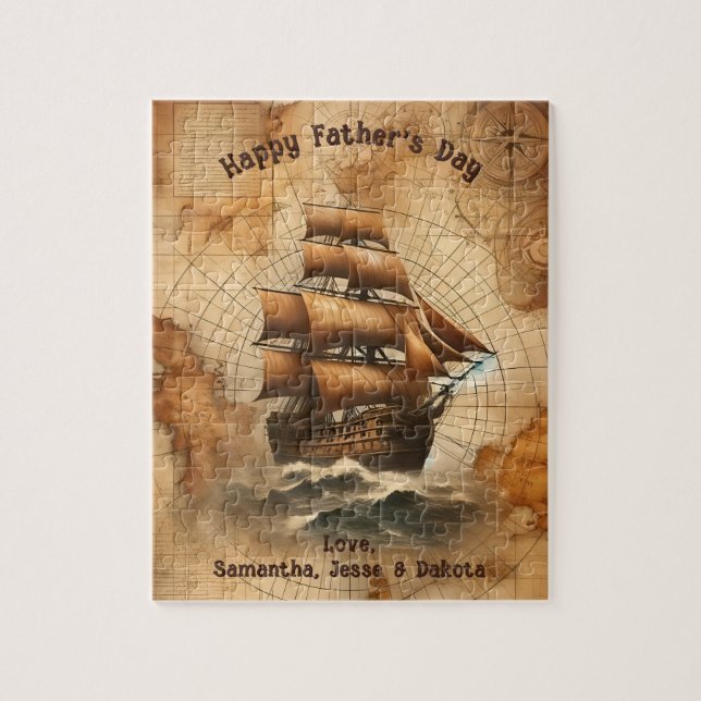 Puzzle Mapa náutico de la vieja Sepia y barco de vela (Vertical)