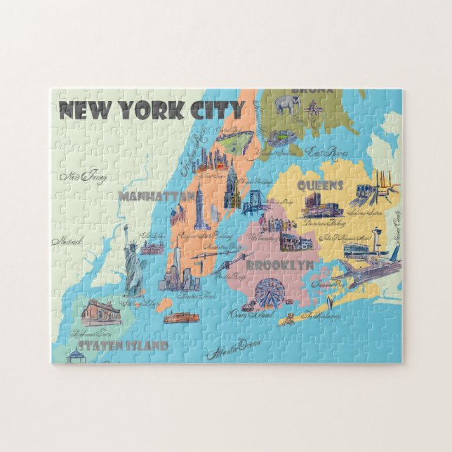 Puzzle Mapa retro vintage ilustrado de la ciudad de Nueva (Horizontal)