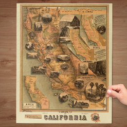 Puzzle Mapa único restaurado de época de California, 1885