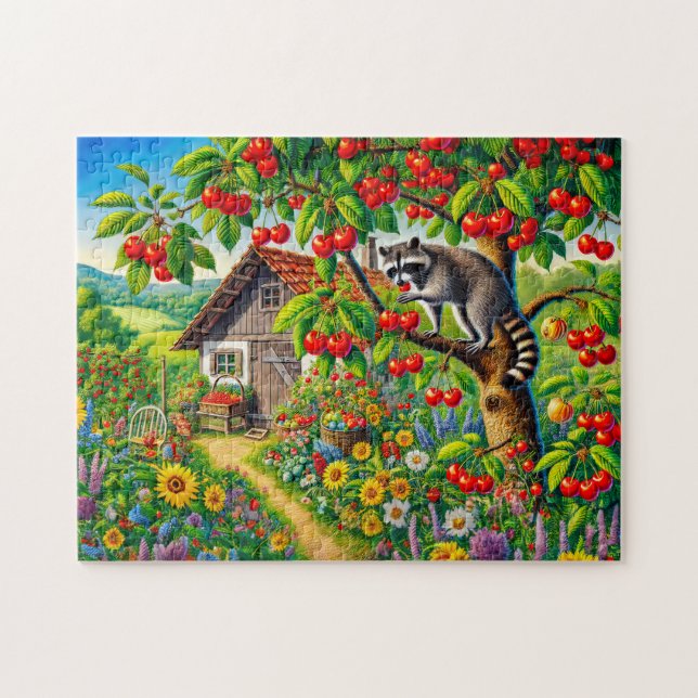 Puzzle Mapache comiendo cerezas en un viejo cerezo (Horizontal)