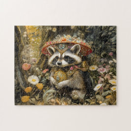 Puzzle Mapache con un hongo Amanita muscaria en fantasia