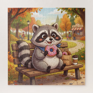 Puzzle Mapache de dibujos animados lindo comiendo donut d
