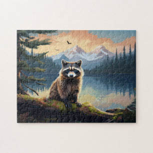Puzzle Mapache en un lago boscoso de troncos