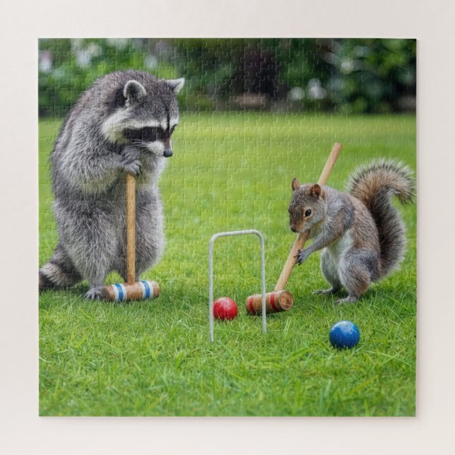 Puzzle Mapache y ardilla jugando croquet (Vertical)