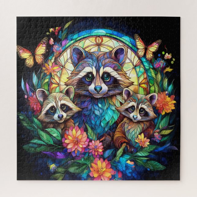 Puzzle Mapaches en vidrio emplomado (Vertical)
