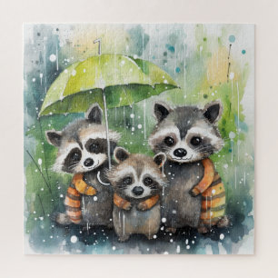 Puzzle Mapaches Lindos en la Lluvia