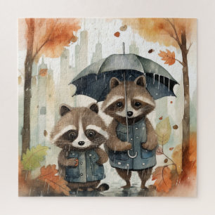 Puzzle Mapaches Lindos en la Lluvia