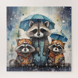 Puzzle Mapaches Lindos en la Lluvia