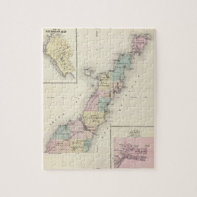 Puzzle Mapas del condado de Door, Sturgeon Bay y Jenny (Vertical)