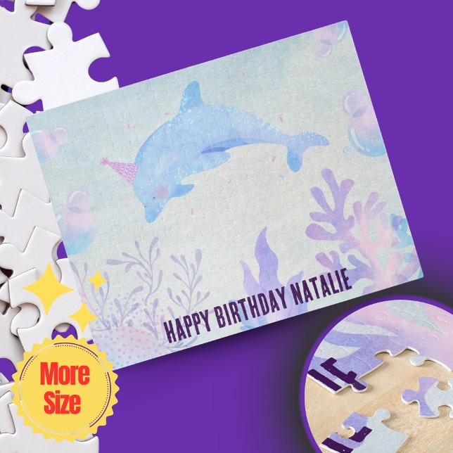 Puzzle Mar de acuarela azul y delfín personalizados (Personalized Blue Watercolor Sea & Dolphin Jigsaw Puzzle – Minimalist Ocean-Themed Gift for Kids )