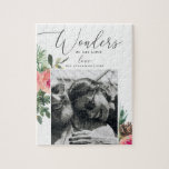 Puzzle Maravillas de su amor | Foto de Navidades religios<br><div class="desc">Comparte la alegría de la temporada y la belleza de la fe con este rompecabezas personalizado de Navidades religiosos, con la inspiradora frase "Maravillas de su amor" en escritura elegante y delicadas flores de acuarela. Añade tu propia foto familiar para crear un obsequio o regalo único y significativo. Una manera...</div>