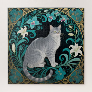 Puzzle Marco Floral Ornamentado de Gato Gris