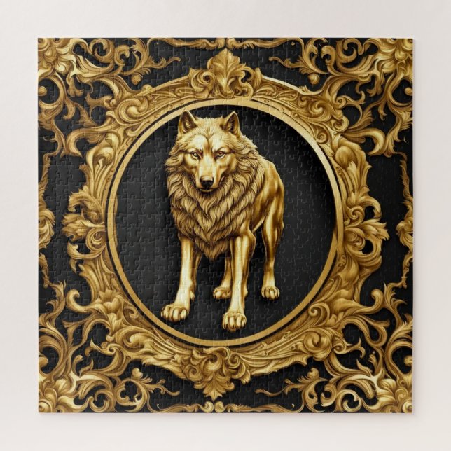 Puzzle Marco ornamental de lobo negro y oro (Vertical)