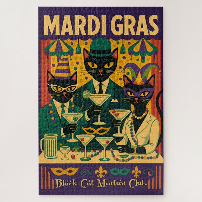 Puzzle Mardi Gras Black Cat Martini Club Trio (Vertical)