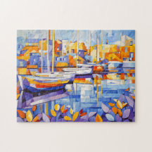 Marina cubista con barcos y reflexiones