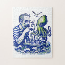 Puzzle Marinero jugando ajedrez con un gran pulpo curioso