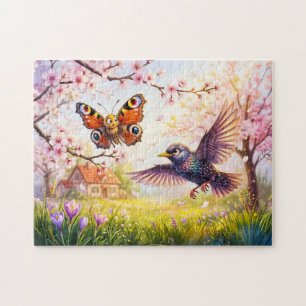 Puzzle Mariposa Asustada por Pájaro en Flor de Cerezo