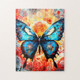 Puzzle Mariposa azul pintada con fondo de engranaje.