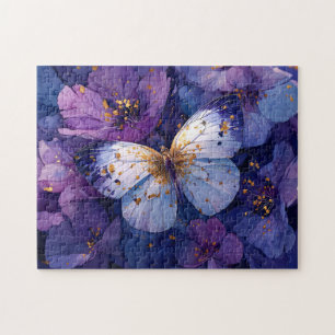 Puzzle Mariposa Azul sobre Flores Purpúreas