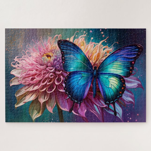 Puzzle Mariposa azul y Dahlia (Horizontal)