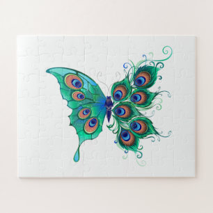 Puzzle Mariposa con plumas de pavo real verde
