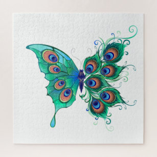 Puzzle Mariposa con plumas de pavo real verde