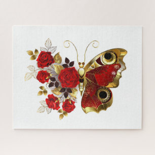 Puzzle Mariposa de flor roja con rosas rojas