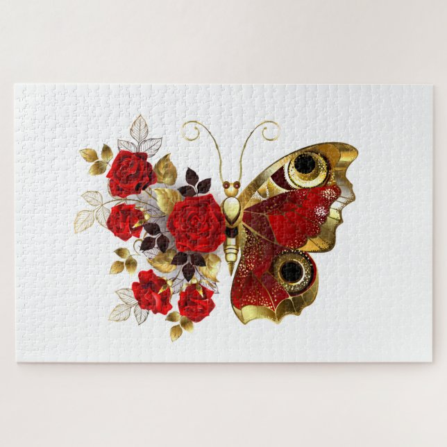 Puzzle Mariposa de flor roja con rosas rojas (Horizontal)