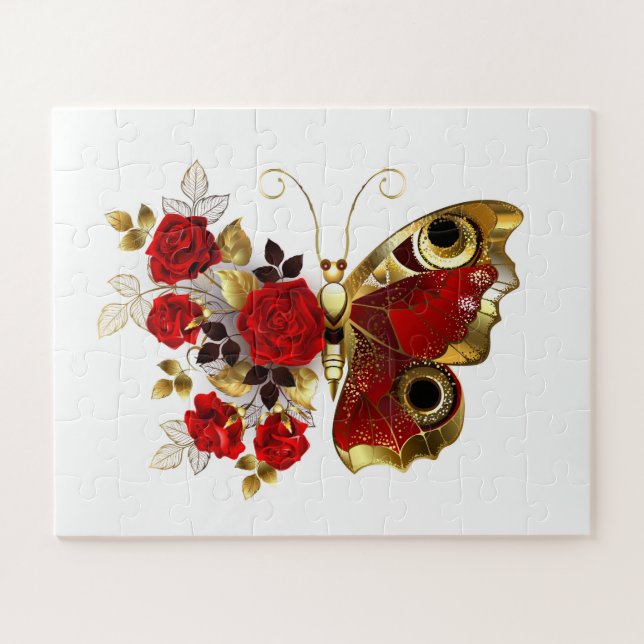 Puzzle Mariposa de flor roja con rosas rojas (Horizontal)